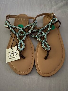 Haute Hippie Tan Sandals with Aqua Bead Embellishment